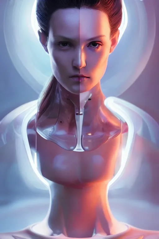 Image similar to a beautiful half body image of a futuristic android with body made of translucent plastic, mechanical internal parts, symmetrical and realistic proportions by Irakli Nadar, tom bagshaw, Charlie Bowater with details by Jason Felix, furio tedeschi, face by ilya kuvshinov, artgerm, cinematic backlit lighting, beauty retouch, elite, photo realistic, octane render, hyper real, ultra detailed, trending on artstation pinterest and deviantart