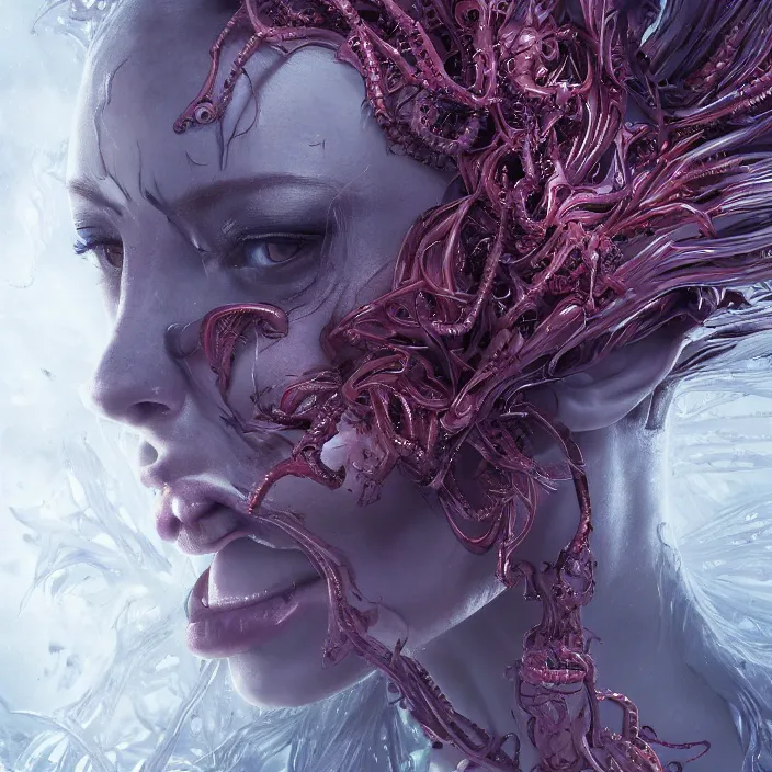 Image similar to portrait of Sophie Turner as Kerrigan Queen of Blades. intricate abstract. intricate artwork. nightmare fuel. by Tooth Wu, wlop, beeple, dan mumford. octane render, trending on artstation, greg rutkowski very coherent symmetrical artwork. cinematic, hyper realism, high detail, octane render, 8k, iridescent accents