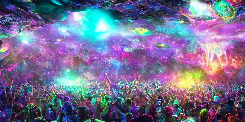 Image similar to a cosmic rave party in the end of the world, high detail beautiful matte painting, ultrarealistic, octane render, cosmic psychedelic art -H 1024