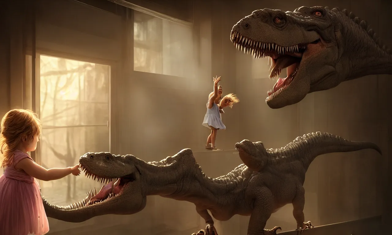 Image similar to portrait of a little girl sticking her hand through the bars and feeding a tyrannosaurus, very high details, raytracing, back light, raymarching, by ilm, by digital domain, by weta digital