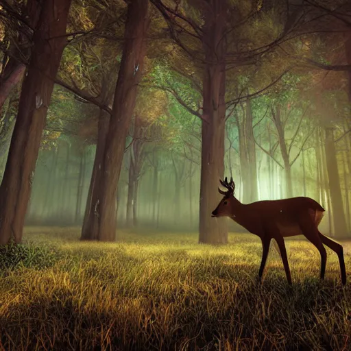 Prompt: deer in an ethereal forest made from glowing circuits and electronics, highly detailed concept art, 3 d, volumetric lighting