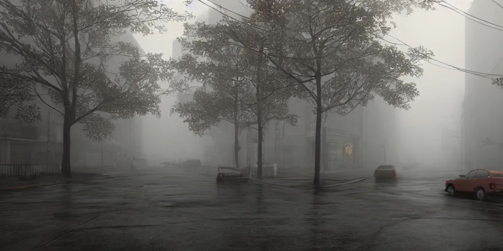 Prompt: silent hill in real life, streets, sombre, parked cars, overcast, blankets of fog pockets, rain, volumetric lighting, beautiful, autumn, sharp focus, 7 0 s visuals, ultra detailed, cgsociety