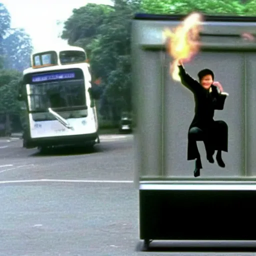 Image similar to neo from the matrix jumping the worlds smallest bicycle over a bus