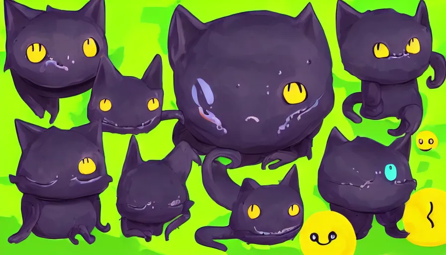 Image similar to a digital art portrait of black slime cat character design from slime rancher, cute black liquid ink cat with yellow eyes character sheet, 4 k, cartoon art, stickers illustrations, beautiful avatar pictures