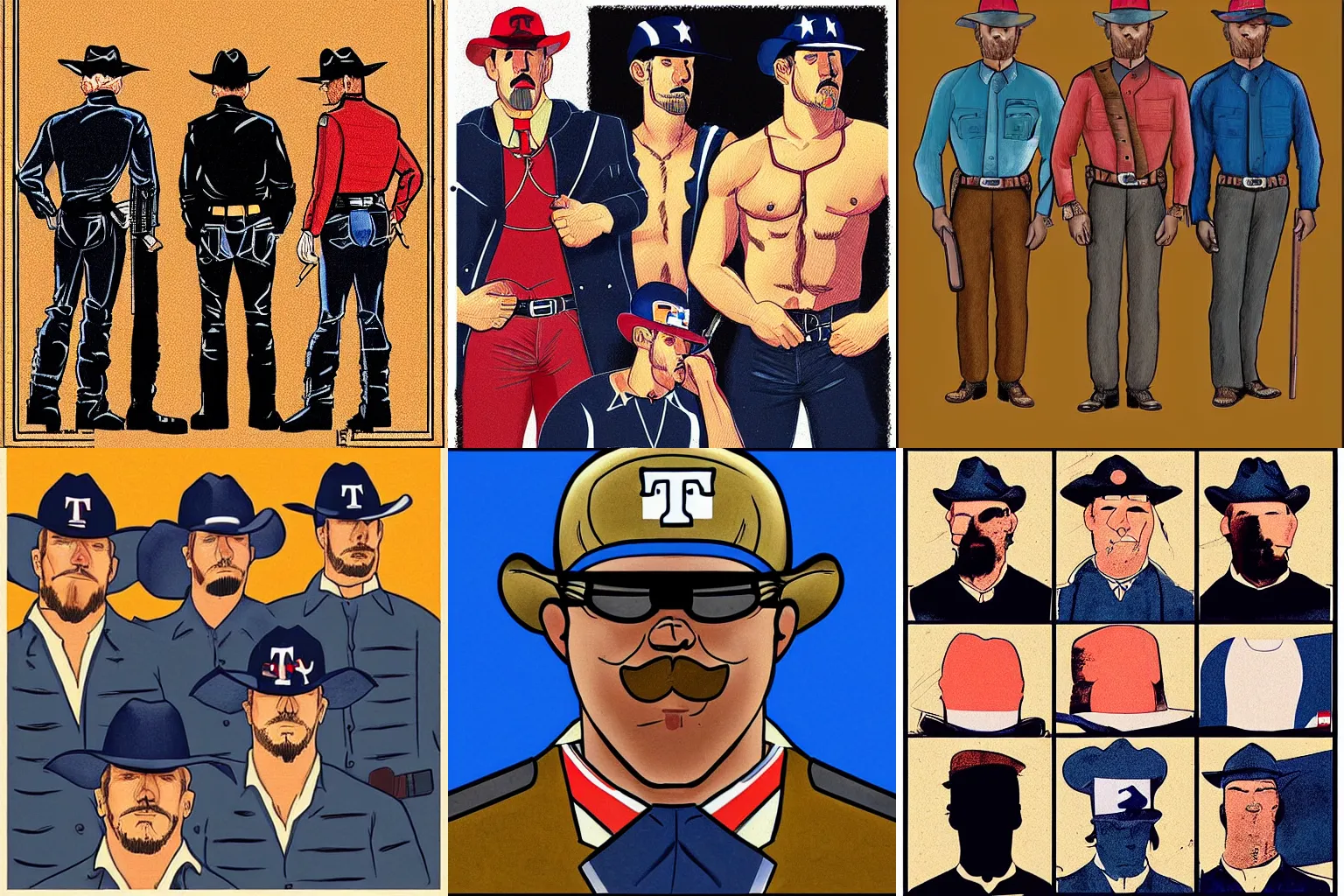 Prompt: “coloured illustration of 5 Texas rangers, facing away from viewer, by Tom of Finland”