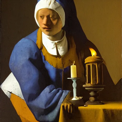 Prompt: Painting of a human with a horses head wearing peasant clothing, holding a lit candle in the dimly lit room, by Johannes Vermeer