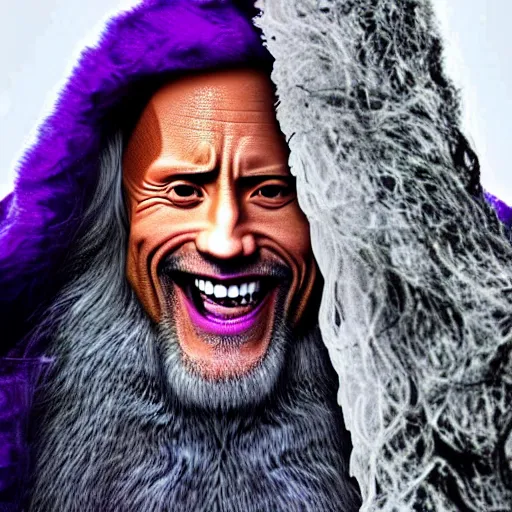 Image similar to dwayne johnson as an old druid wizard, bald, bushy grey eyebrows, long grey hair, disheveled, wise old man, wearing a grey wizard hat, wearing a purple detailed coat, a bushy grey beard, sorcerer, he is a mad old man, laughing and yelling