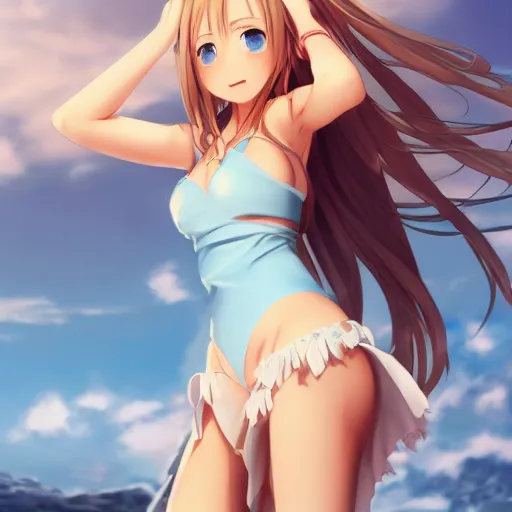 Image similar to a very beautiful mature yuuki asuna, full body, long wavy blond hair, sky blue eyes, full round face, bikini, miniskirt, front view, mid - shot, highly detailed, cinematic wallpaper by stanley artgerm lau