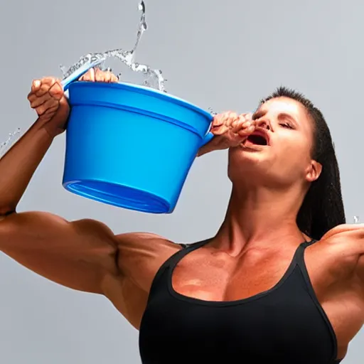 Prompt: front view of a very muscular woman holding a transparent bucket, water is pouring from her mouth into the bucket