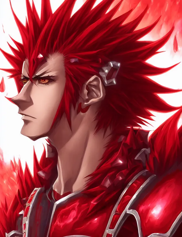 Image similar to a detailed manga portrait of a handsome tall man with spiked crimson hair in fiery crimson crystalline armour, trending on artstation, digital art, 4 k resolution, detailed, high quality, sharp focus, hq artwork, coherent, insane detail, character portrait