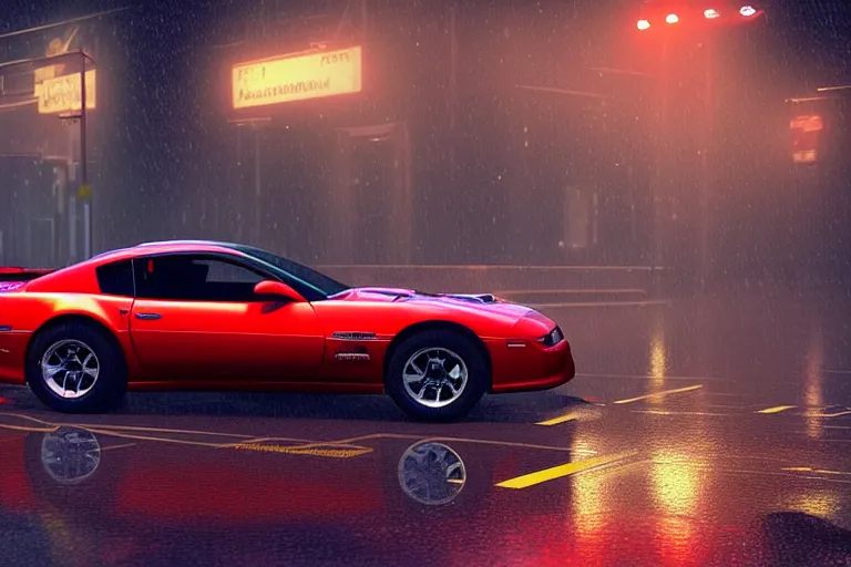 Image similar to hyperdetailed, photorealistic photograph of a 2 0 0 2 pontiac firebird trans - am drifting in the streets, rain, night, dense fog, hd, unreal engine 5 by greg rutowski, by stanley artgerm, by alphonse mucha