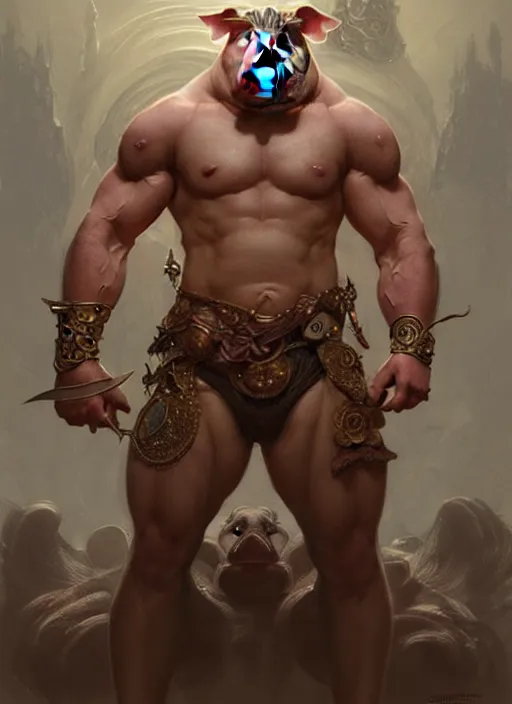 Image similar to portrait of aggressive pig humanoid, d & d, muscular! fantasy, intricate, elegant, highly detailed, digital painting, artstation, concept art, smooth, sharp focus, illustration, art by artgerm and greg rutkowski and alphonse mucha