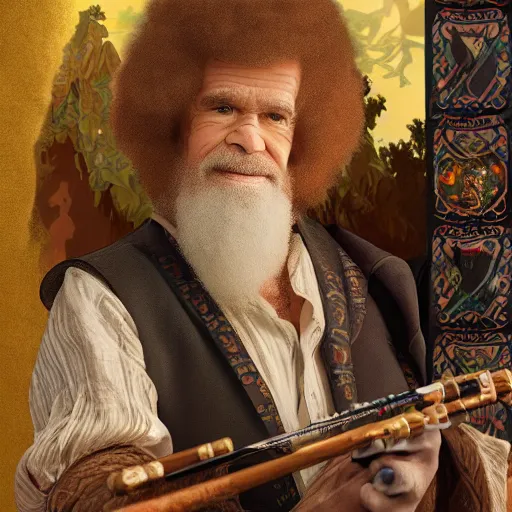 Image similar to an ultra detailed tarot card of bob ross smoking a pipe and dressed as a fantasy bard, d & d, epic fantasy, concept art by alphonse mucha and greg rutkowski, octane render, 8 k, detailed face