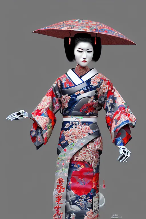 Image similar to full body portrait of a Japanese robot geisha with kanji tattoos and decals wearing a digital pixelated kimono, intricate design, photorealistic, octane render, raytraced, ultra fine detailed, character design, trending on artstation