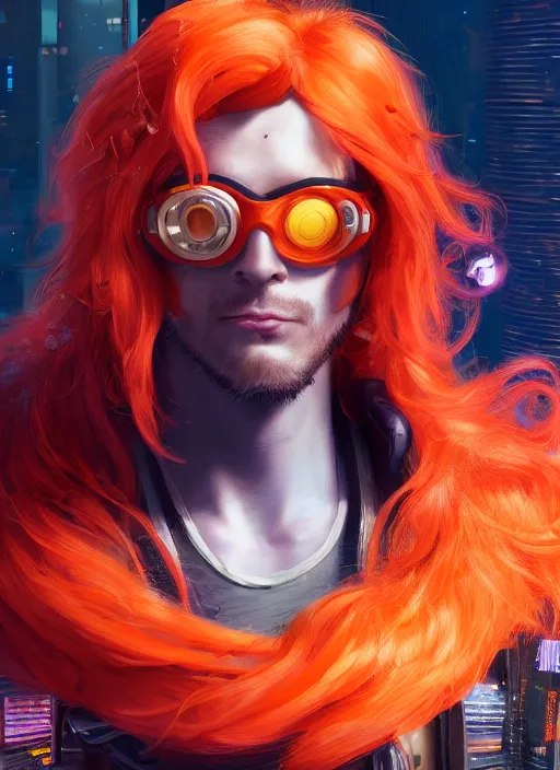 Image similar to cyberpunk portrait of curly orange hair man from overwatch 2, au naturel, hyper detailed, digital art, trending in artstation, cinematic lighting, studio quality, smooth render, unreal engine 5 rendered, octane rendered, art style by klimt and nixeu and ian sprigger and wlop and krenz cushart.