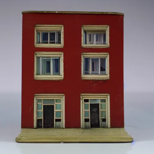 Image similar to figurine of small soviet apartment building, light is on windows