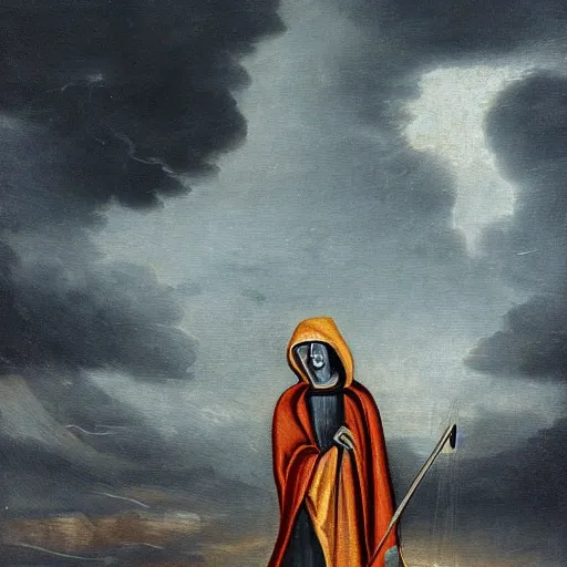 Image similar to grim reaper full figure under the stormy sky medieval art oil painting