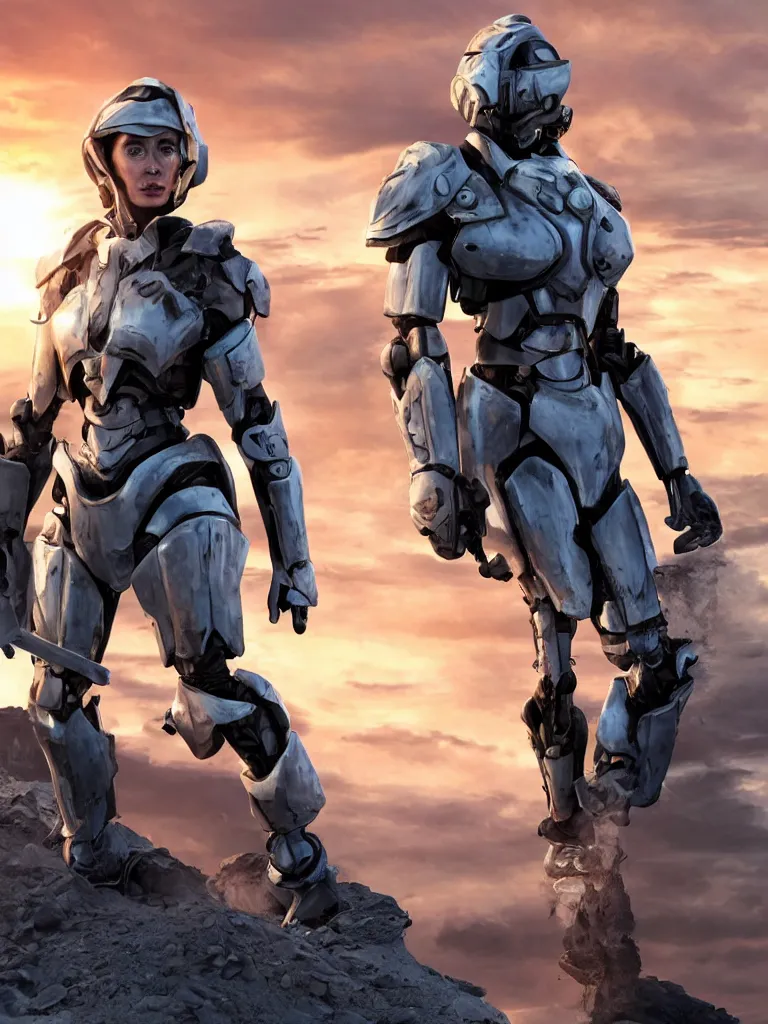 Image similar to emily blunt in futuristic power armor, close up portrait, solitary figure standing atop a pile of rubble, holding a sword on her shoulder, sunset and big clouds behind her