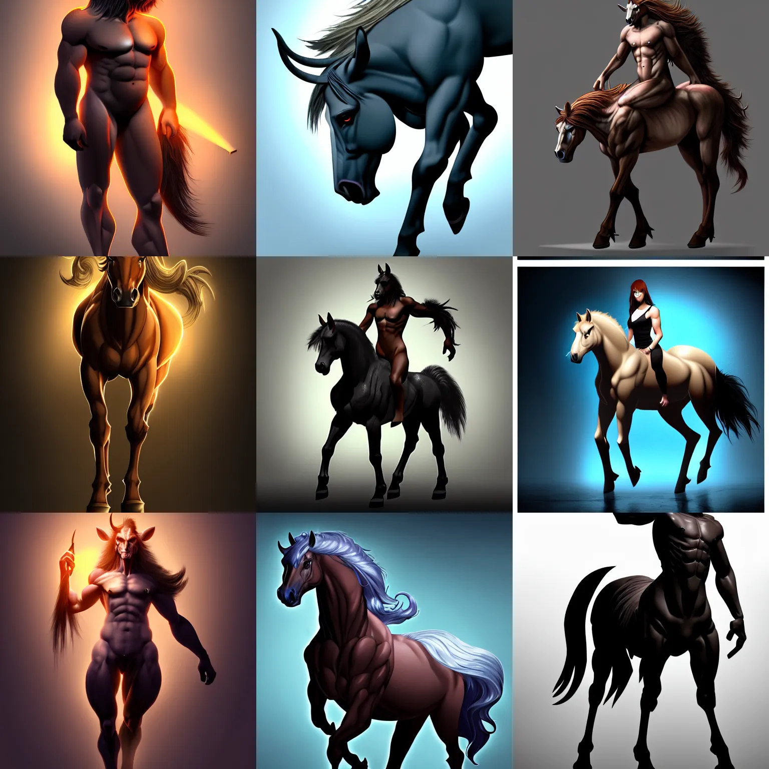 Prompt: studio photo of a dramatic lighting, character design of a horse human hybrid monster, centaur trending on artstation. monster character, human