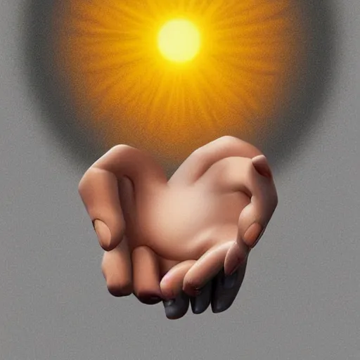 Prompt: a hand with the miniature of a realistic and perfect sun , perfect design, highly detailed, realistic portrait