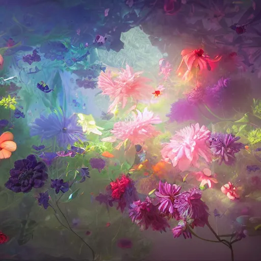 Prompt: a huge group of colorful flowers, very large transparent blossoms, light and shadow, mystically glowing, vivid, strong atmospheric light, detailed painting, by Ross Tran and James Jean and Dan Santat, masterpiece, award winning painting