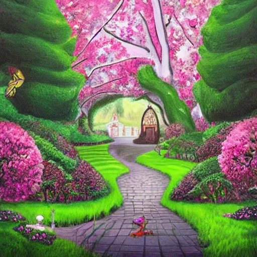 Prompt: Alice in wonderland theme, painting forest with huge flowers and exotic trees, manicured hedges, checkerboard path, pink cottage in woods, in Jeremy fenske artstyle with hunter