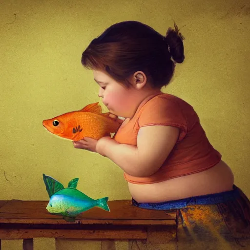 Image similar to the same style. the most beautiful little fat sweet girl is kissing a huge colorful cute fish. modern etching. colored print. hype realistic scene. old photography style. studio lighting. window. 3 d, octane render, deep focus, zbrush