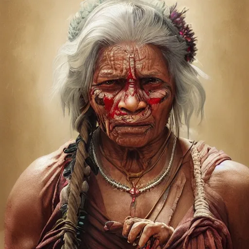 Prompt: portrait painting of a muscular bloodied indian old woman, ultra realistic, concept art, intricate details, eerie, highly detailed, photorealistic, octane render, 8 k, unreal engine. art by artgerm and greg rutkowski and alphonse mucha