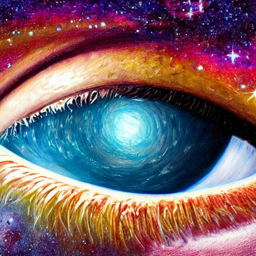 Image similar to a highly detailed photorealistic painting of the milky way galaxy reflecting off a human eye