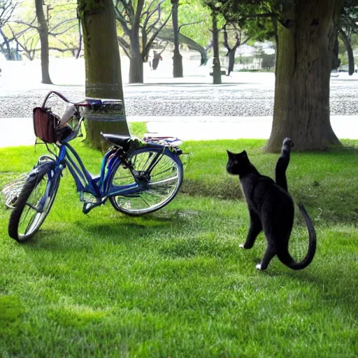 Image similar to cats stealing bycicles in a park in the afternoon, dslr photo