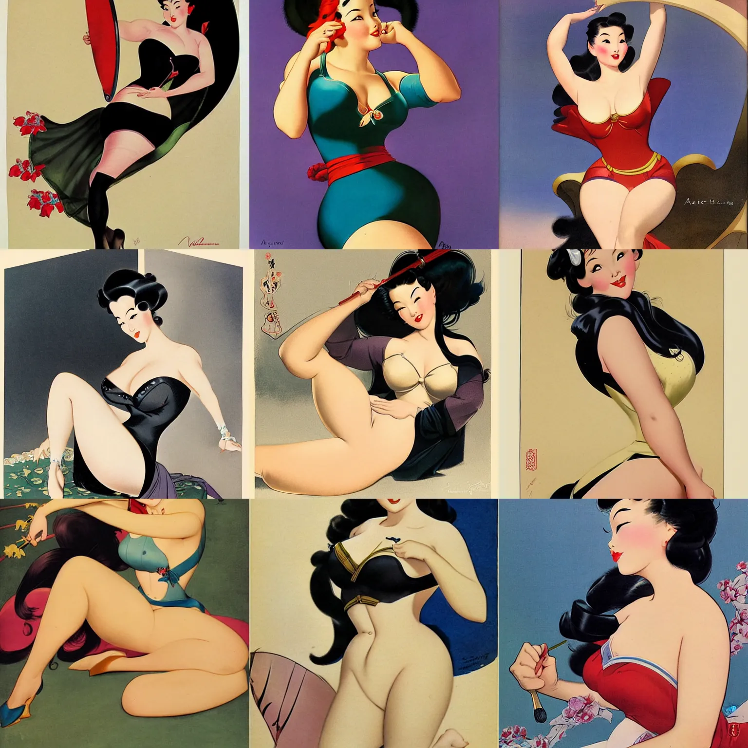 Prompt: curvaceous mulan portrait by alberto vargas and gil elvgren