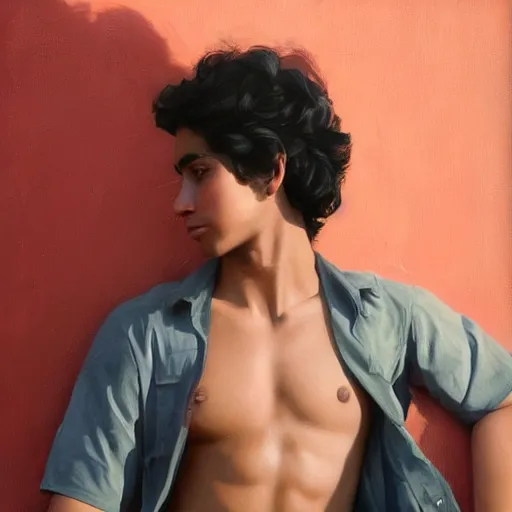 Prompt: oil painting by ilya kuvshinov, baugh casey, rhads, coby whitmore, of a youthful persian - indian college student, olive skin, high cheekbones, handsome, curly black hair, outdoors, highly detailed, breathtaking face, studio photography, dawn, intense subsurface scattering, blush, supple look, innocence, intense sunlight