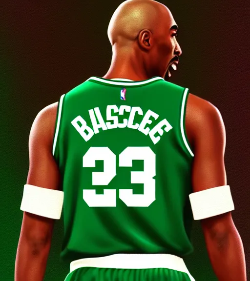 Image similar to portrait of tupac shakur, boston celtics jersey number 3 4, green, white, cartoon digital art, oil on canvas, trending on artstation, octane render