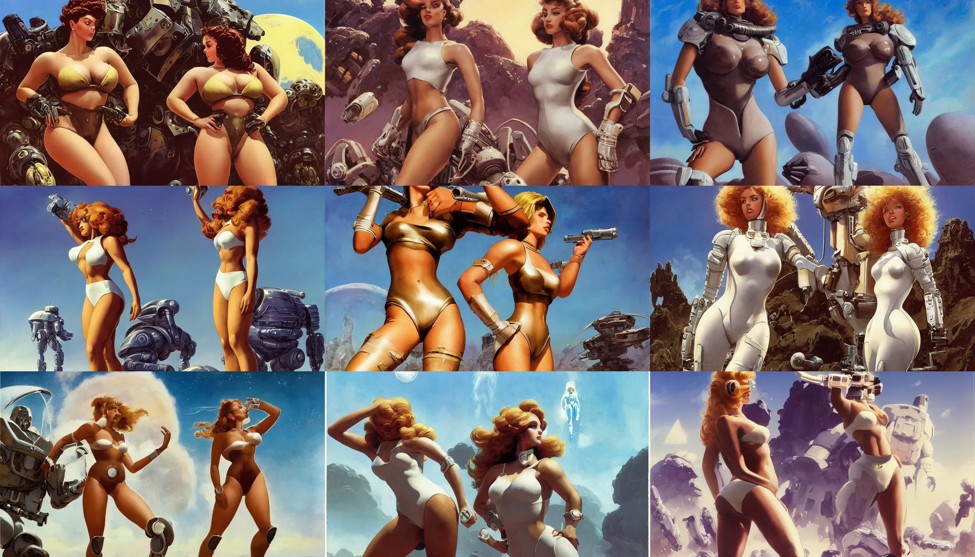 Prompt: A mixed media portrait painting of a very beautiful light-brown-hair woman on an alien planet, very curvy, aesthetic! high-waisted white-bikini-futuristic-armor and boots, aesthetic symmetrical face and eyes, model, wet, pacific-rim-mech in background, eighties pinup style, by Frank Frazetta, Boris Vallejo, Beeple, Greg Rutkowski, Christian MacNevin, goddess, bombshell, epic fantasy character art, high fantasy, CGsociety, exquisite detail, post-processing, masterpiece, cinematic