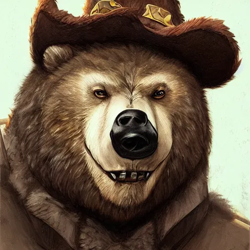 Image similar to dashing charming grinning charismatic bear beast-man rogue, wearing captain's tricorne hat, naval background, amazing, lifelike award winning pencil illustration trending on art station artgerm Greg rutkowski cinematic