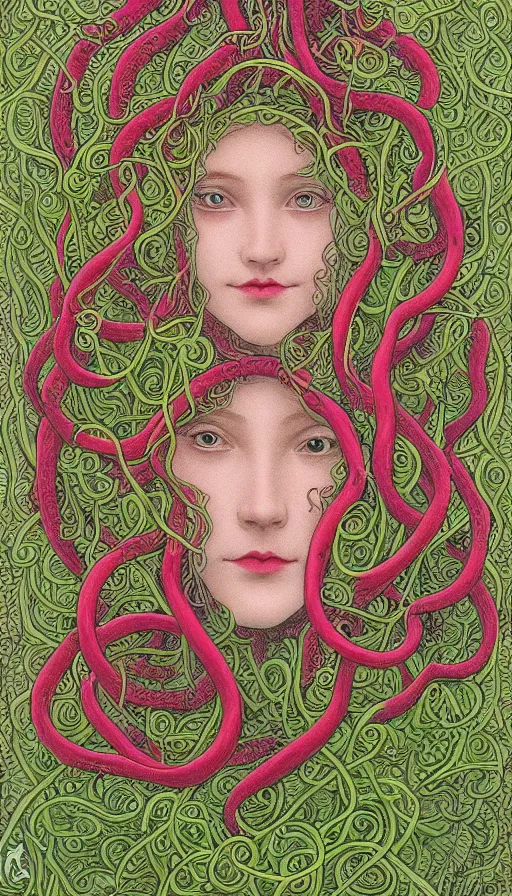 Image similar to very detailed portrait of a 2 0 years old girl surrounded by tentacles, the youg woman visage is blooming from fractal and vines, by ivan bilibin,