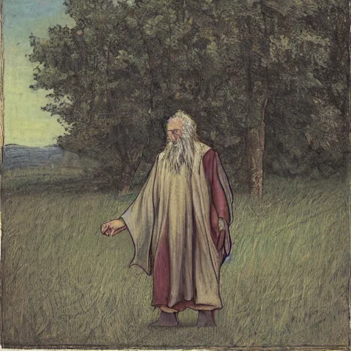 Prompt: old prophet wandering about a meadow, midday