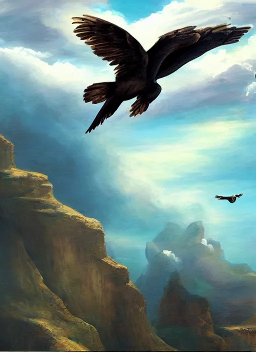 Image similar to a beautiful painting of a condor flying in the sky, matte painting, fantasy art