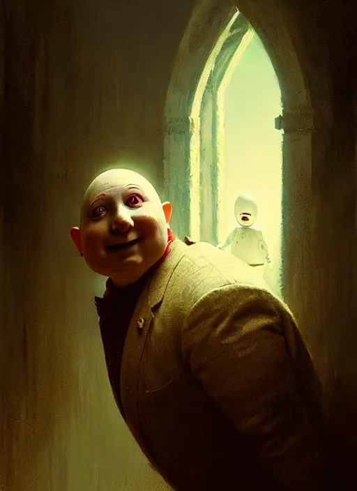 Image similar to portrait of live action humpty dumpty by greg rutkowski. cinematic film still