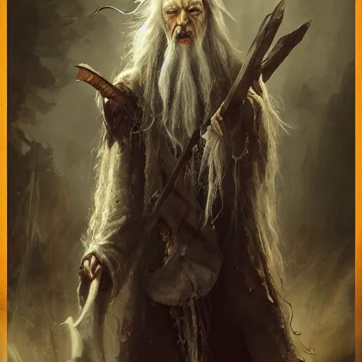 Image similar to a zombie Gandalf, by WLOP, horror, wounds, bloody, dark fantasy, trending on artstation