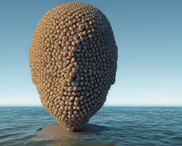 Image similar to a long shot of a giant award winning sculpture made out of billiard balls of a human head on the surface of the ocean, in the style of chad knight, hyper detailed, hyper realistic, ray tracing, 8 k resolution, sharp focus, realistic water