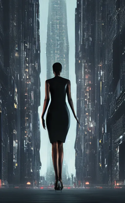 Prompt: an elegant Black woman in dress and heels, her back is to us, looking at a futuristic Blade Runner city, 8K