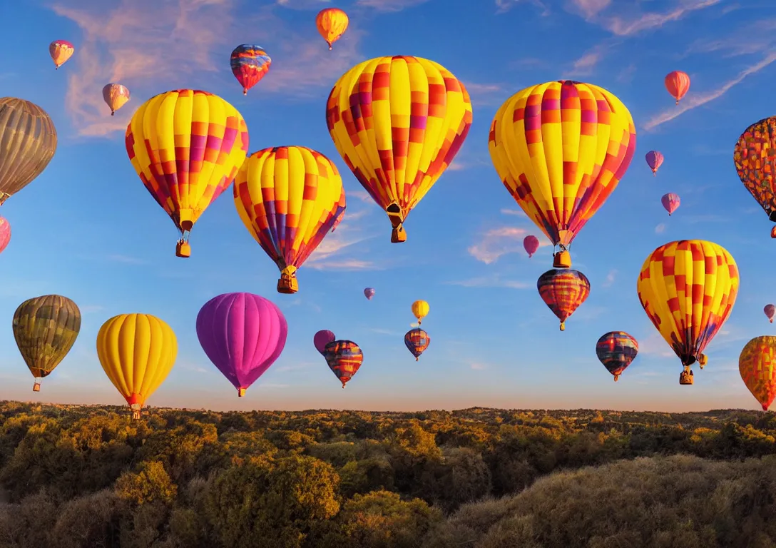 Image similar to beautiful hyper realistic photo of sky with colorful hot air balloons, 28mm wide angle photo, photo realistic image, 4K, super detailed, golden hour look