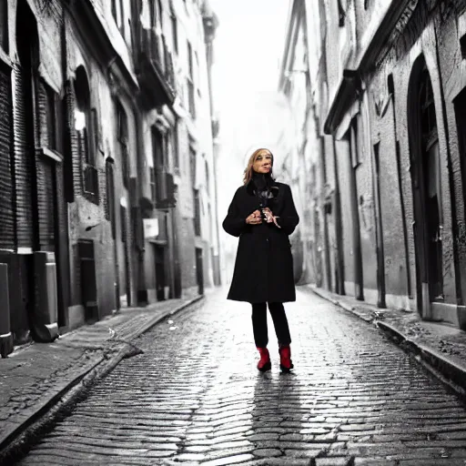 Image similar to A smirking woman in a dark coat lights a cigarette with an ornate gold lighter. She stands in a cobblestone street. The sky is a hazy gray, and her hair resembles a burnished halo. Her eyes are lined with blue kohl that glistens in the light, and her lips are painted red. A chill wind sweeps down the street.