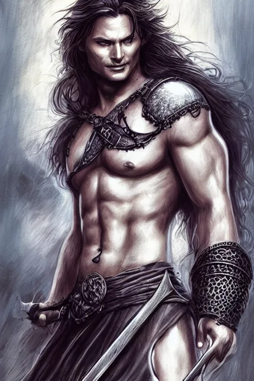 Prompt: romance book for women illustration, front portrait of attractive sam winchester as a viking warrior, clothes torn apart, muscular chest tattooed with runes and symbols, d & d!, fantasy style, sharp focus!, ultra detailed, art by artgerm and peter andrew jones, wlop