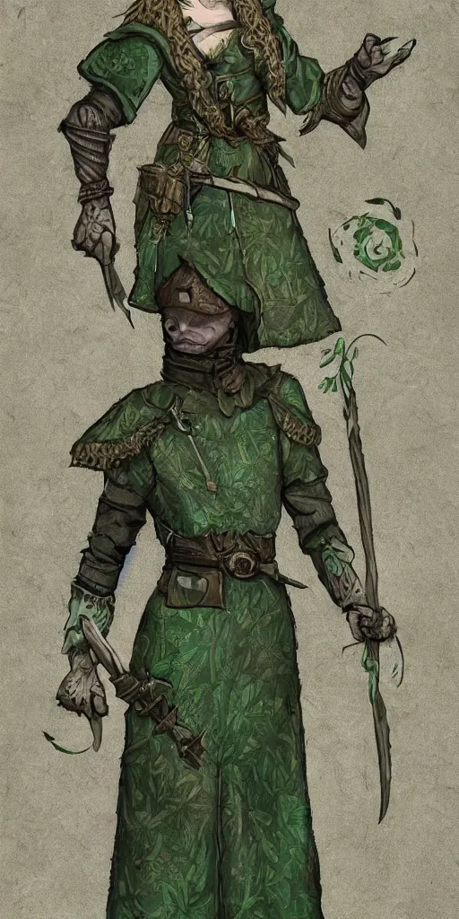 Prompt: a single medieval forest ranger rpg female, dnd, green patterned clothes with stitched magical symbols, by diego gisbert llorens