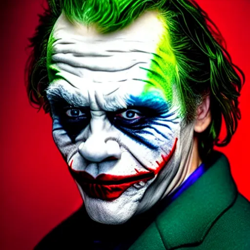 Image similar to uhd photorealisitc candid photo of mark hamill as the joker. correct makeup. correct face, accurate face. photo by annie leibowitz and steve mccurry