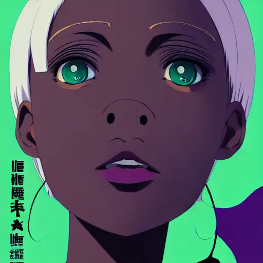 Image similar to anime poster film still portrait of a black young woman, large, purple eyes!!!!, white hair!!!!!, french bob, green!!!!! bomber jacket, detailed facial features, dynamic pose, cute face by ilya kuvshinov, yoh yoshinari, makoto shinkai, rimlight, cel shaded, 4 k