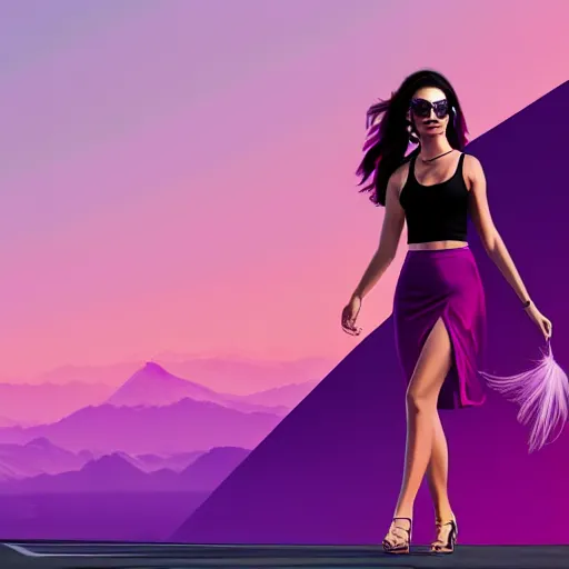 Prompt: a stunning GTA V loading screen with a beautiful woman with ombre hairstyle in purple and pink blowing in the wind, tanktop and skirt, aviator sunglasses, city streets, digital art, trending on artstation