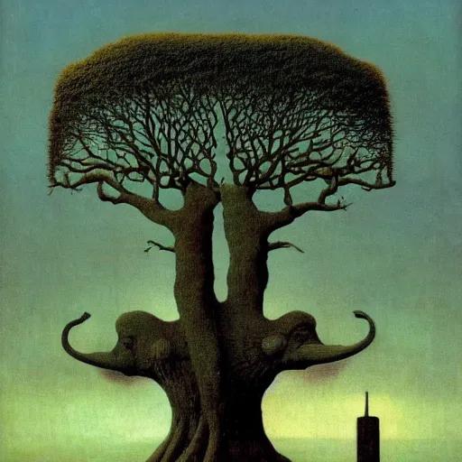 Image similar to elephant tree hybrid by beksinski, magritte surrealism